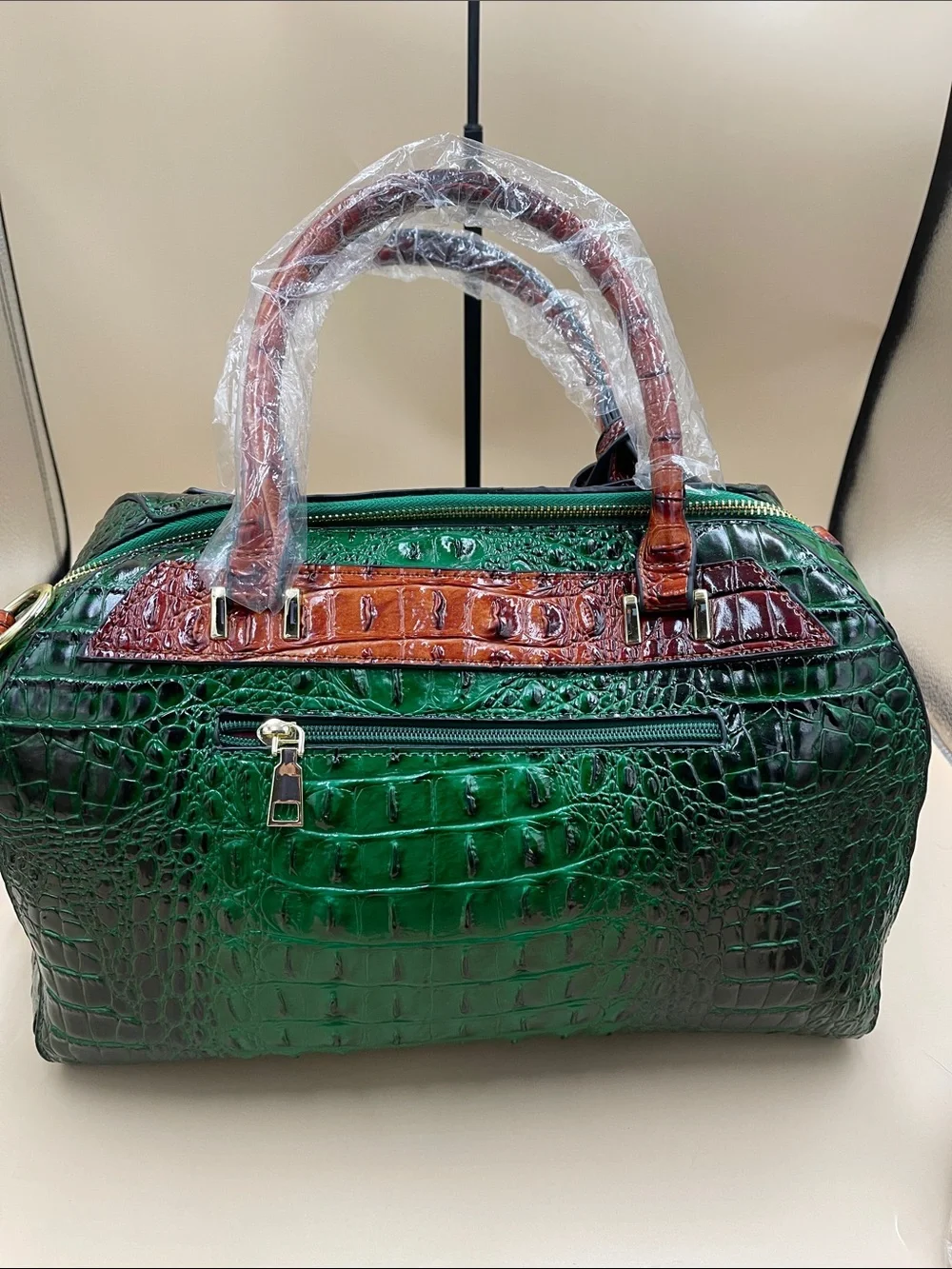 Green Croc-Embossed Satchel with Brown Trim and Top Handles